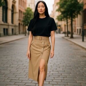 Women Beige Asymmetric Self Belted Pockets Detailed Maxi Skirt Formal Casual
New